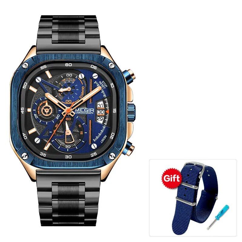 Waterproof Black Quartz Square Dial Men's Wristwatch with Chronograph & Luminous Hands