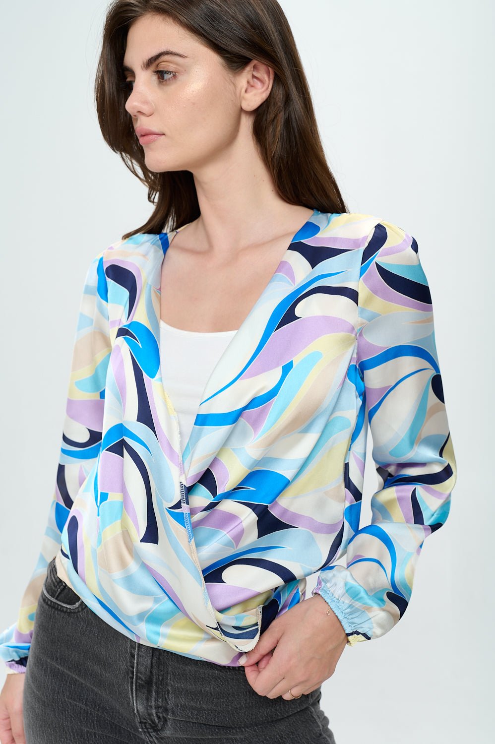 Long sleeve surplice top in swirl print