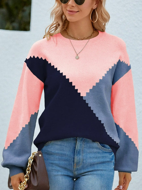 Color Block Round Neck Lantern Sleeve Sweater (more color options)