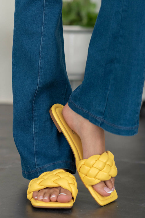 Cakewalk Woven Square Toe Slides in Yellow