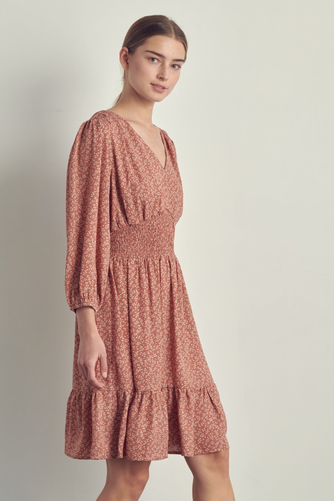 V-neck smocked waisted long sleeve dress