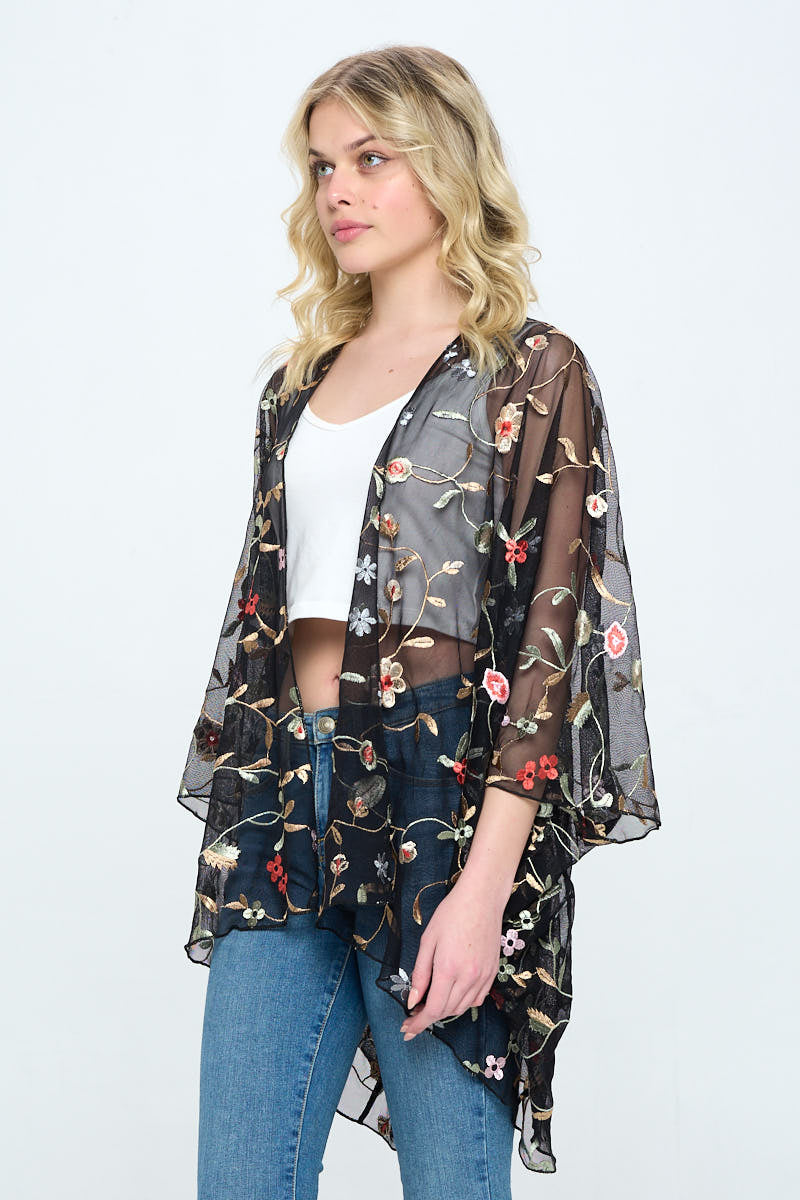 Floral embroidered mesh oversized kimono