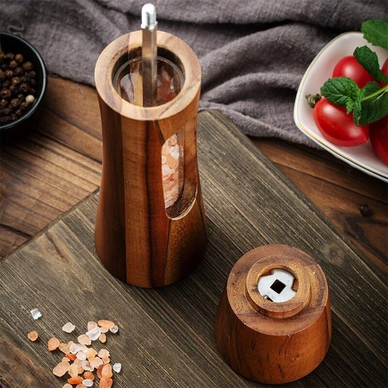 Elegant Wooden Salt and Pepper Grinder with Clear Acrylic Window