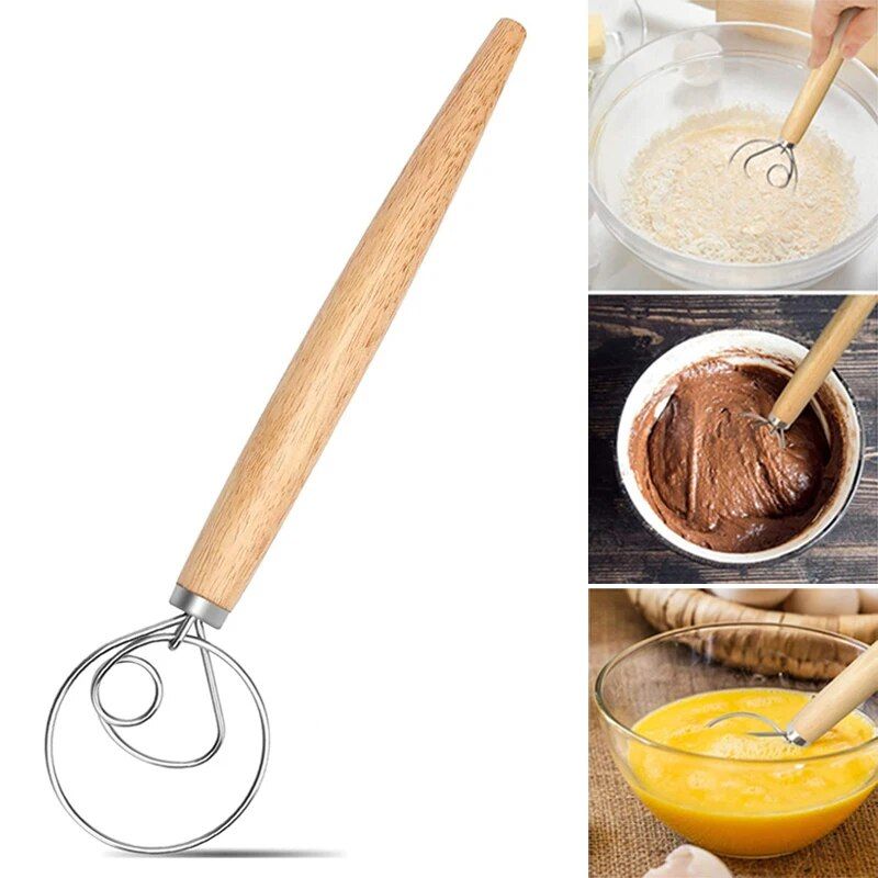 Multi-Function Danish Dough Whisk with Wood Handle - Stainless Steel Hand Mixer for Baking