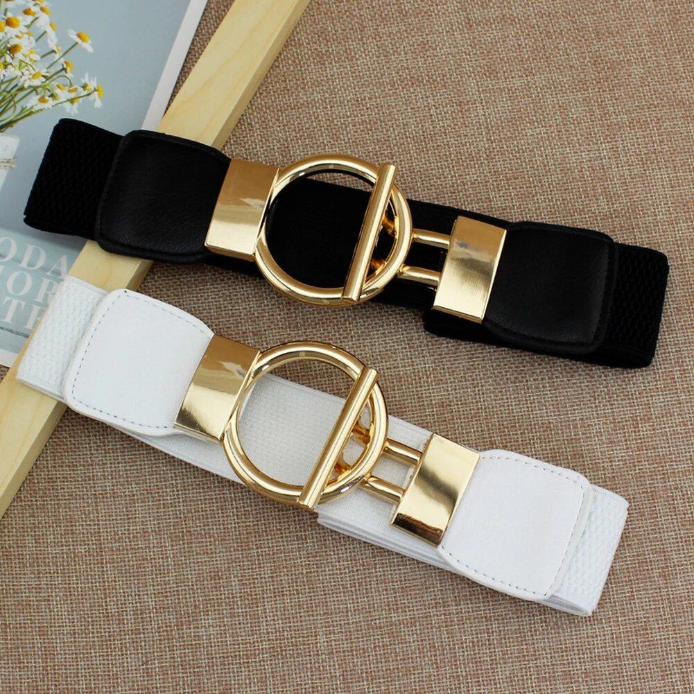 Elegant Elastic Fashion Belt for Women with Round Metal Buckle