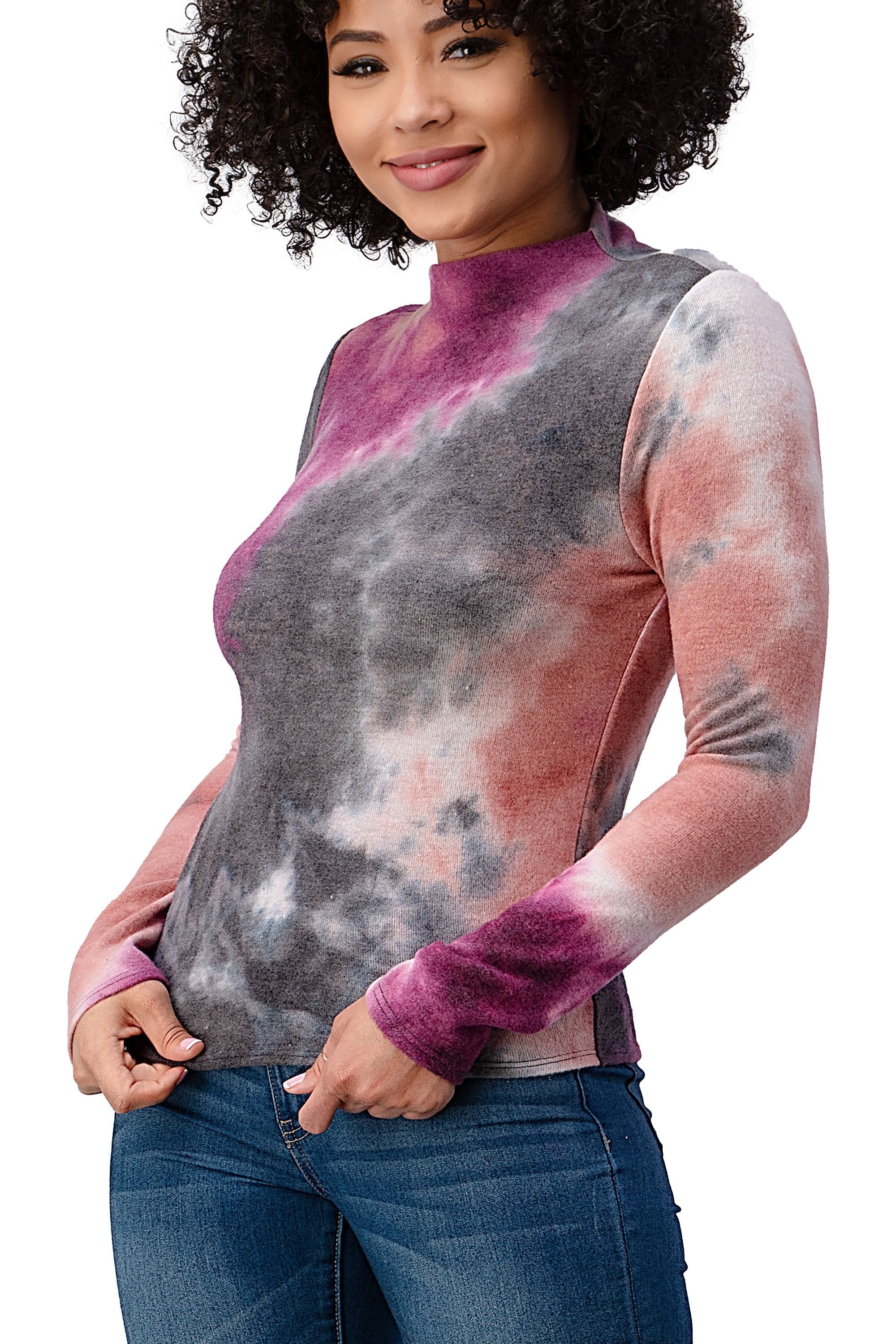 Brushed Knit Tie Dye Printed Mock Neck Long Sleeve Top