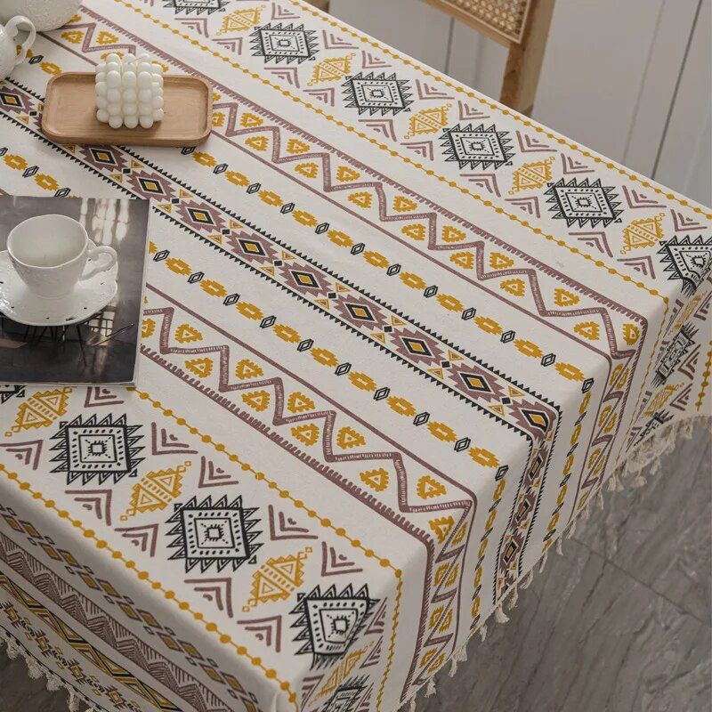 Bohemian Chic Waterproof & Oil-Proof Cotton-Linen Tablecloth with Tassels