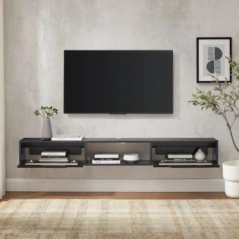 Chic Black Rattan-Door Floating TV Stand for Up to 80-inch TVs