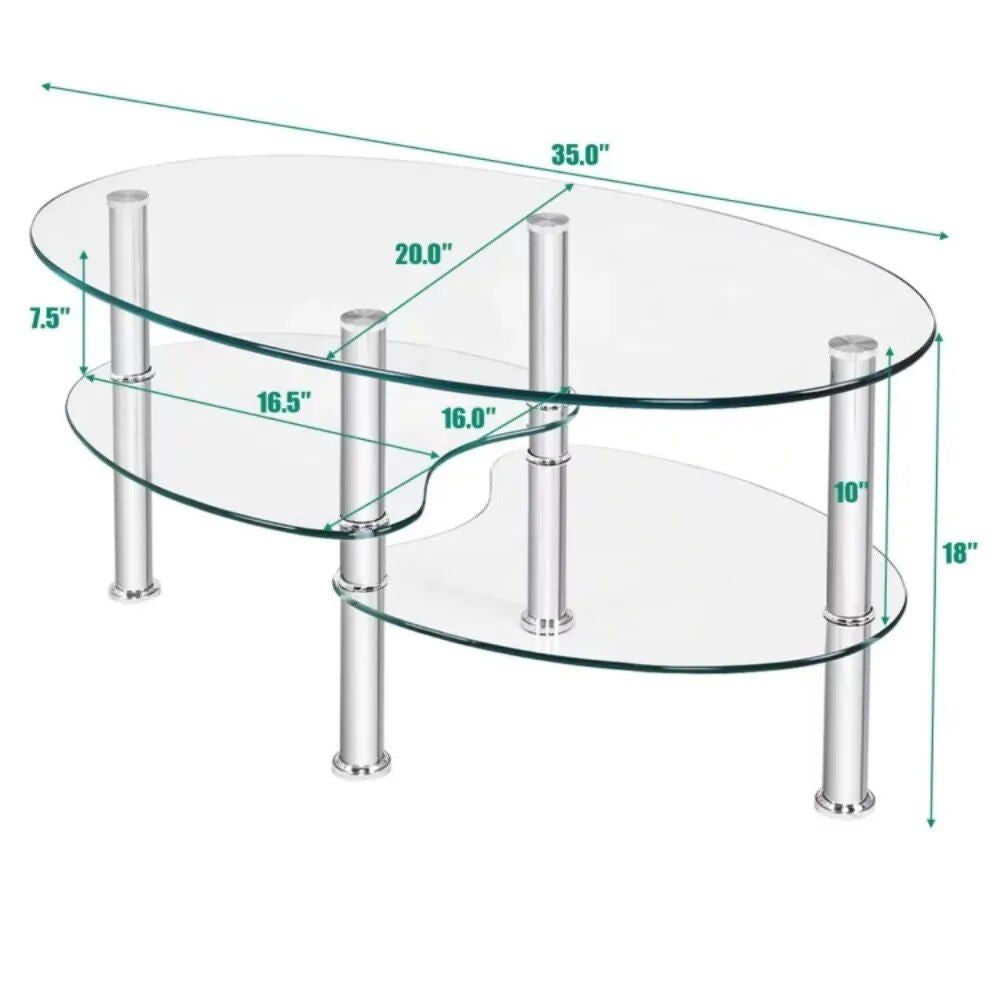 Elegant Oval Glass Coffee Table with Dual Storage Shelves and Metal Legs