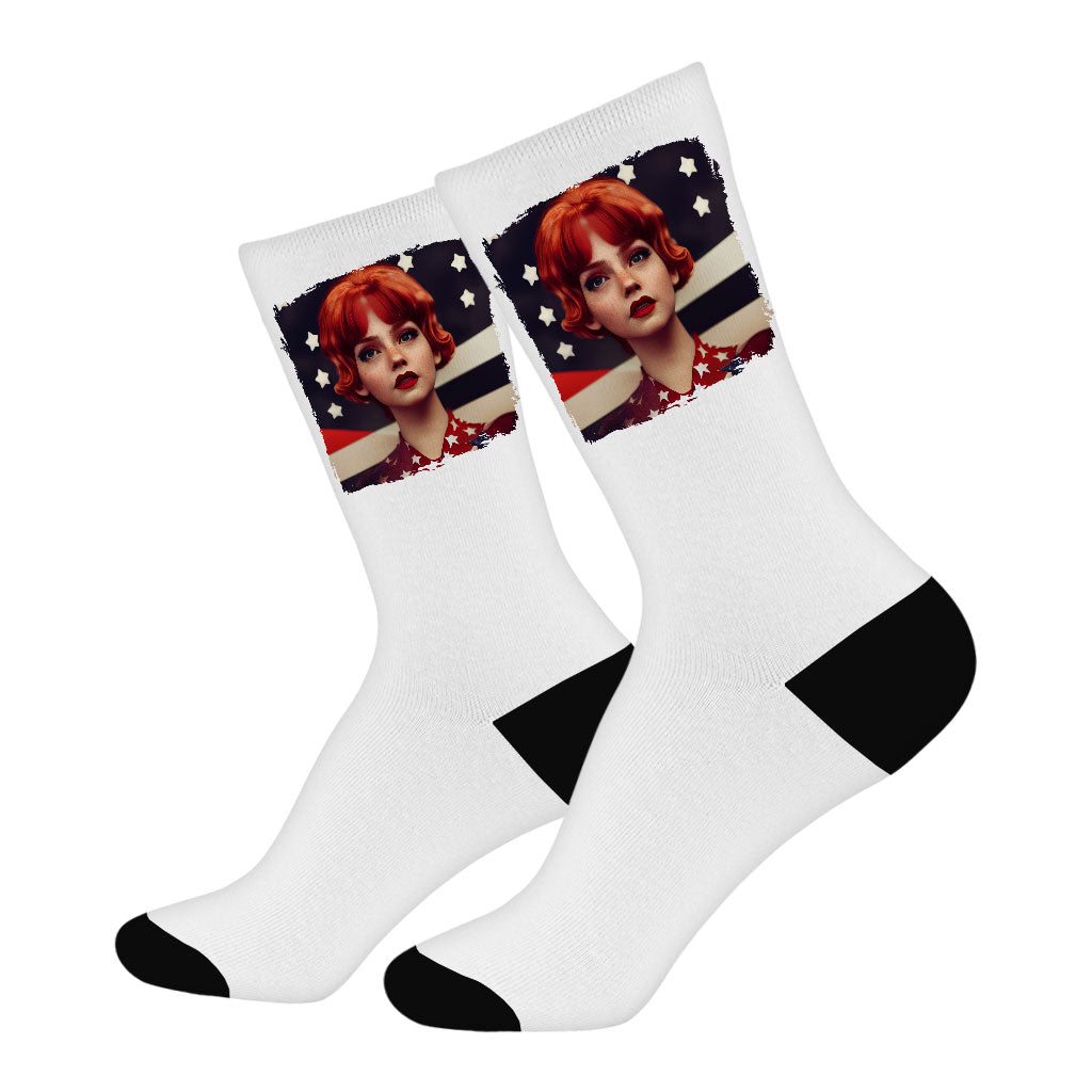 USA Flag Print Socks - Girl Art Novelty Socks - Patriotic Crew Socks