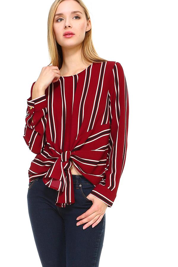 Stripe Long Sleeve Tie Front Blouse