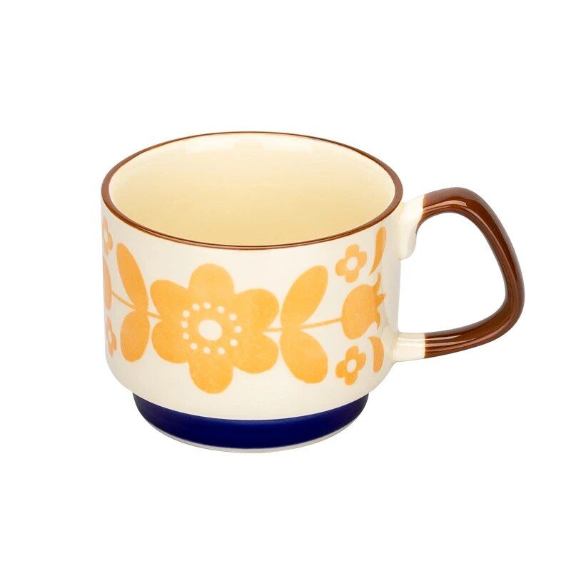 Japanese Retro Floral Ceramic Coffee Mug - 300ml Handgrip Cup for Office and Home