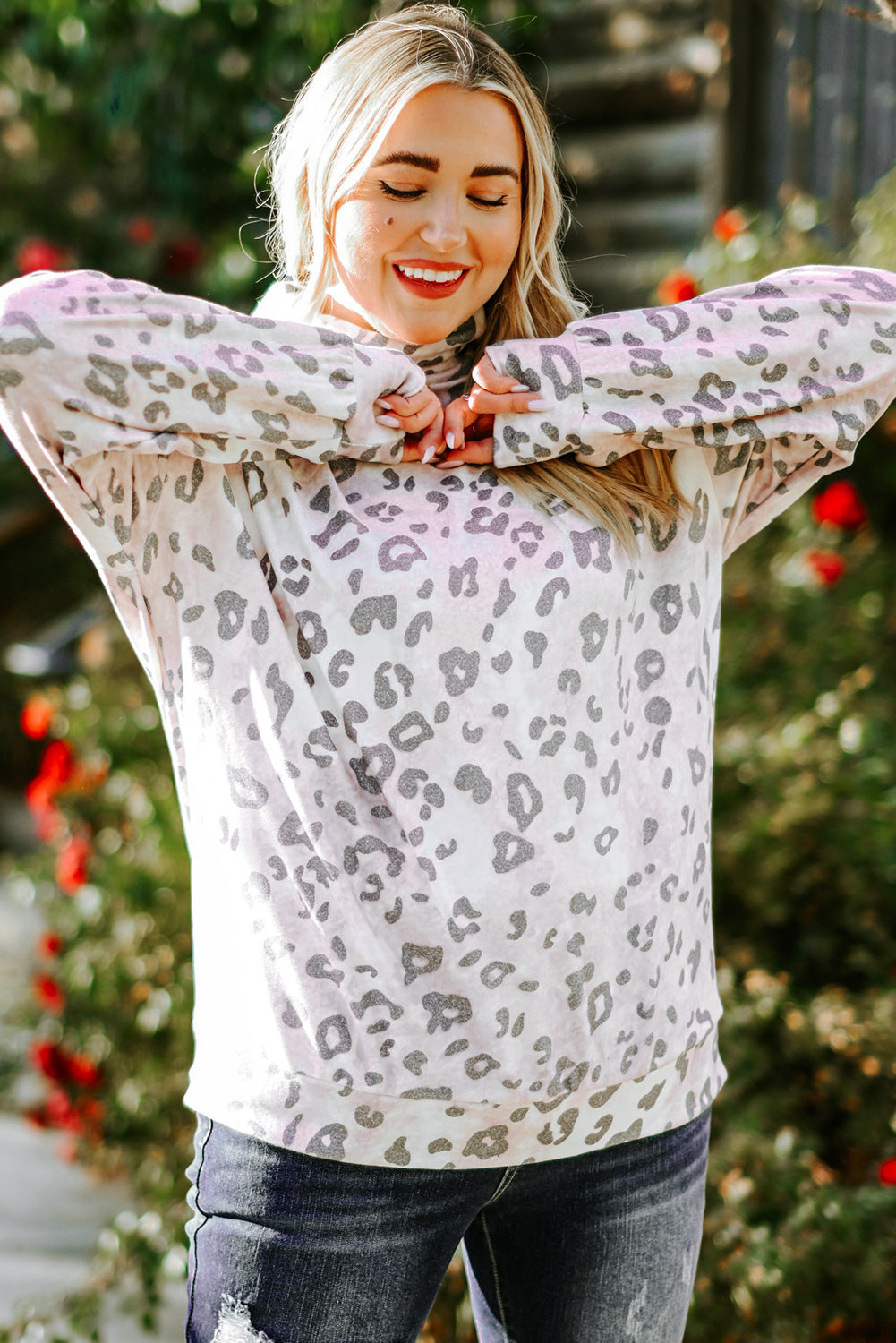 Plus Size Leopard Funnel Neck Sweatshirt