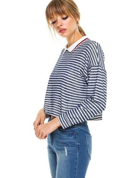 Cropped Long Sleeve Blue and White Stripe Polo Top