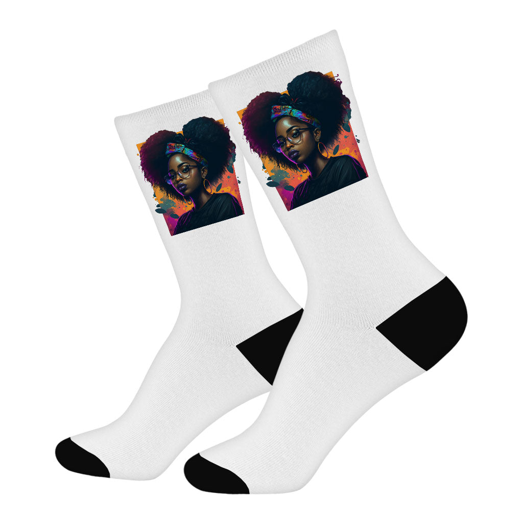 Cartoon Black Girl Art Socks - Unique Novelty Socks - Cute Crew Socks