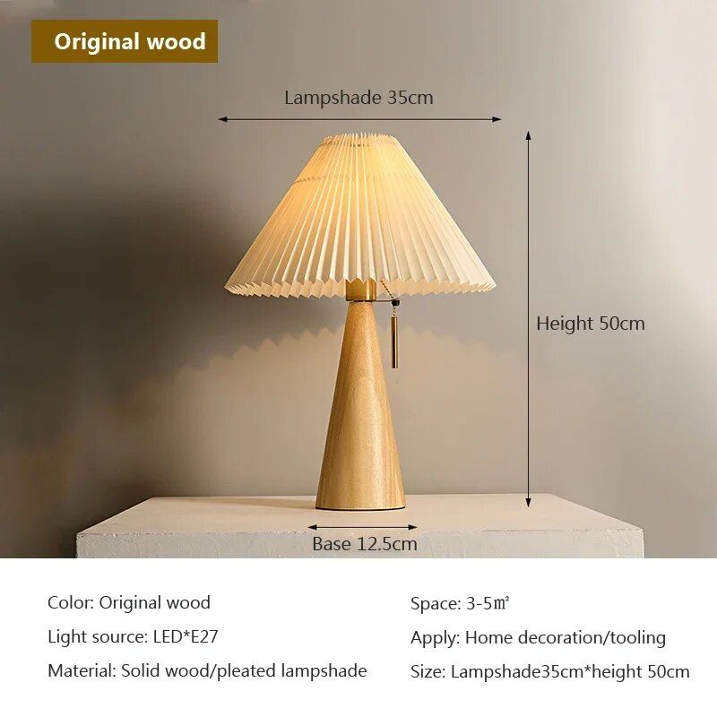 Modern Nordic Pleated Table Lamp - Solid Wood Desk Light with Fabric Shade