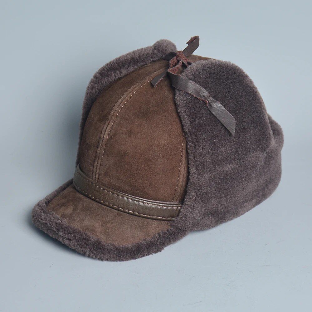 Men's Premium Winter Leather Hat with Wool & Fur - Warm Earflap Bomber Cap