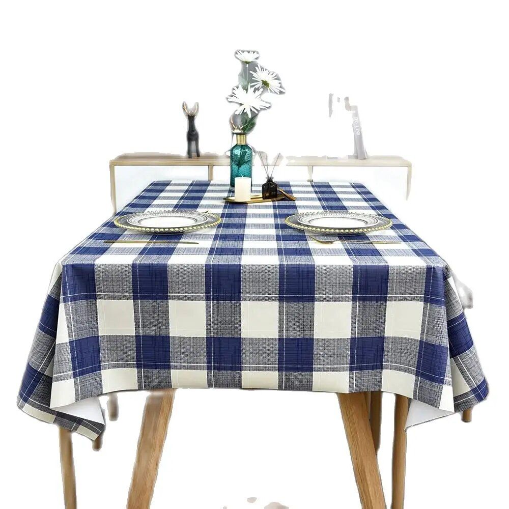 Modern Chic Blue, White & Gray Plaid Tablecloth