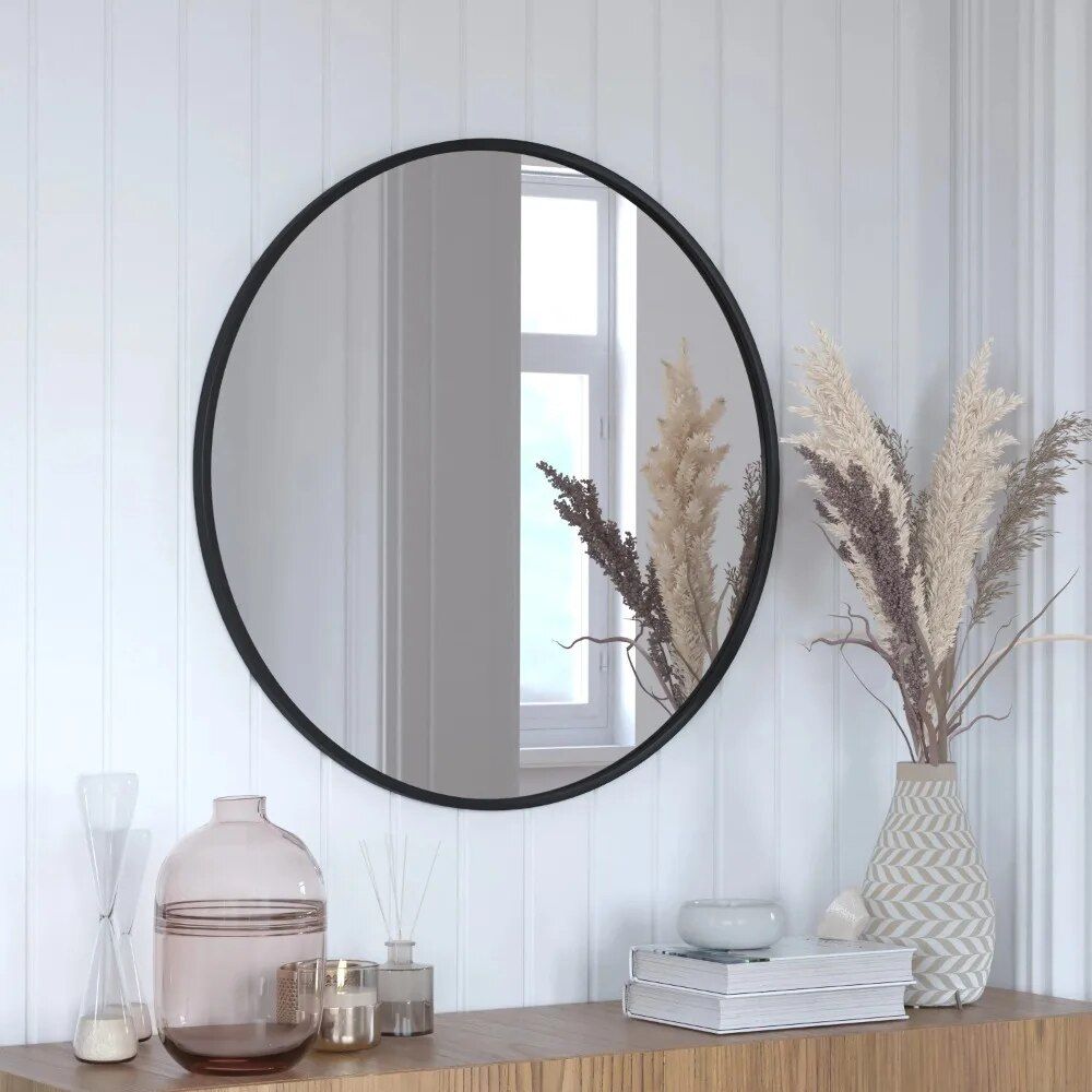 Modern 30" Black Round Wall Mounted Mirror with Backlight - Elegant Decor for Bathroom & Home