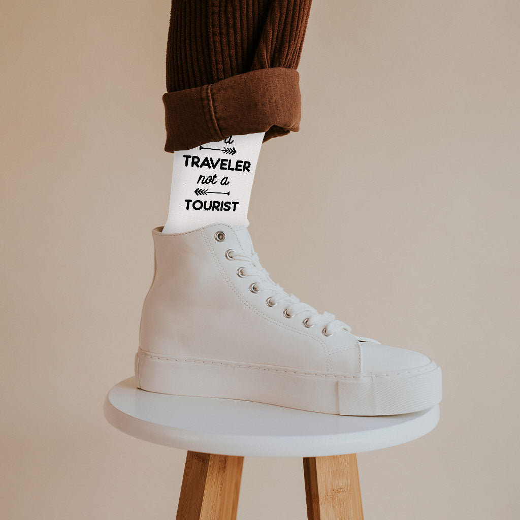 Be a Traveler Not a Tourist Socks - Cool Design Novelty Socks - Unique Crew Socks