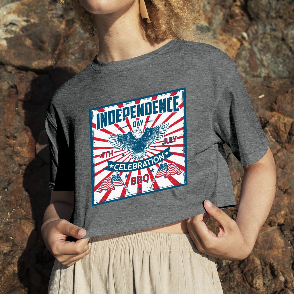 Women's Cropped Independence Day Celebration T-Shirt - Vintage Independence Day T-Shirt - Patriotic T-Shirt