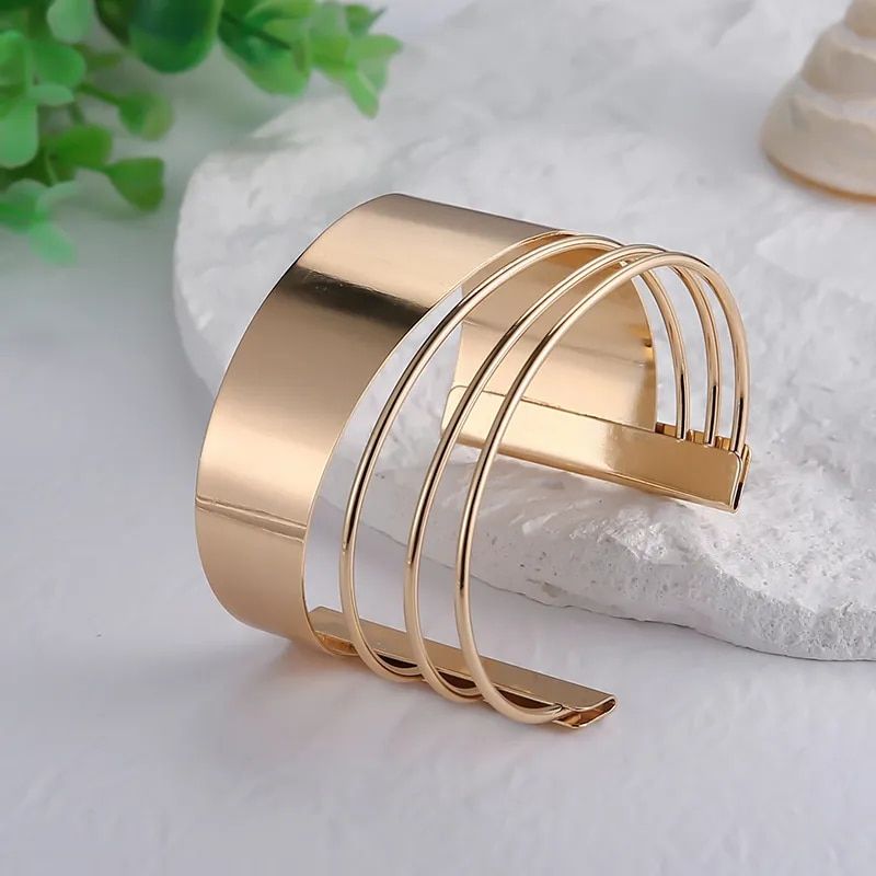 Gold-Plated Geometric Cuff Bangle - Women's Bohemian Wide Wire Statement Jewelry