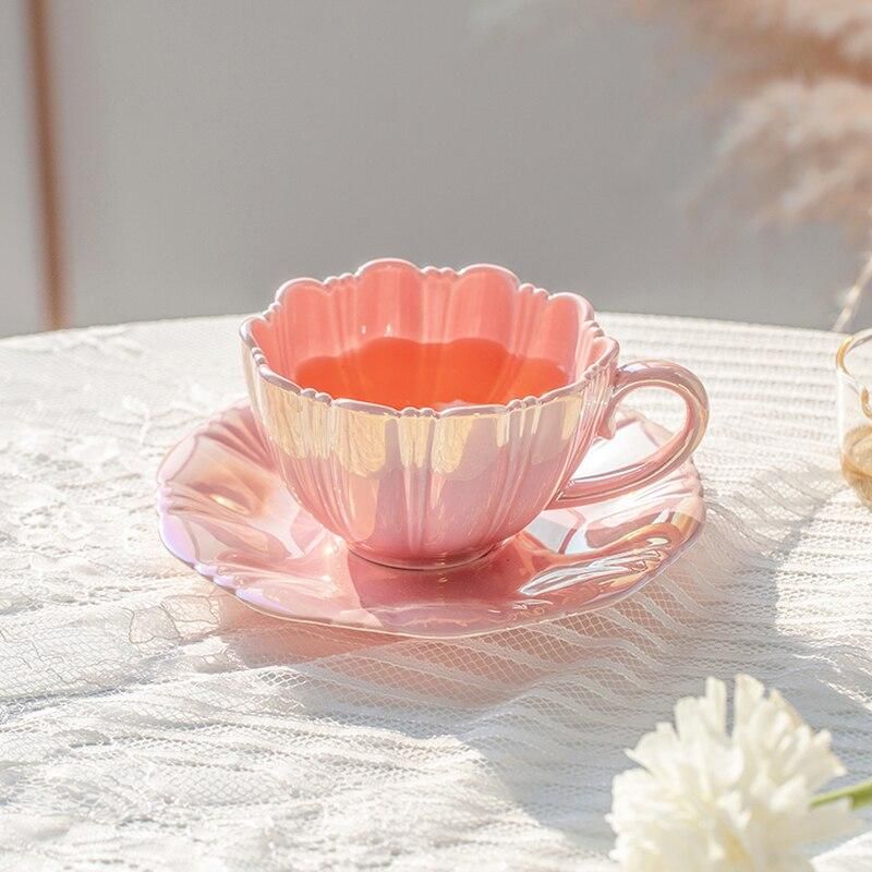 Elegant 240ml Ceramic Petal Cup with Saucer - Coffee, Tea, and Milk Mug