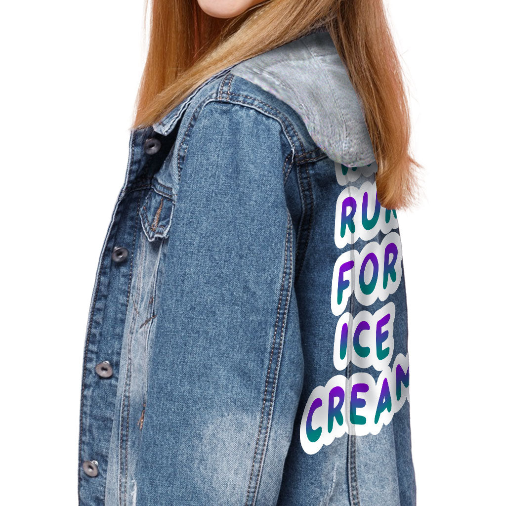 Will Run for Ice Cream Hooded Denim Jacket for Kids - Funny Jean Jacket - Cool Denim Jacket for Kids