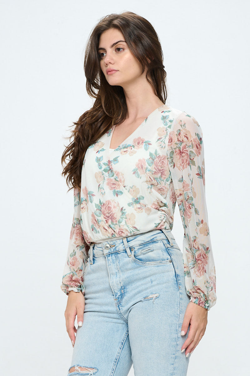 Floral mesh surplice blouse