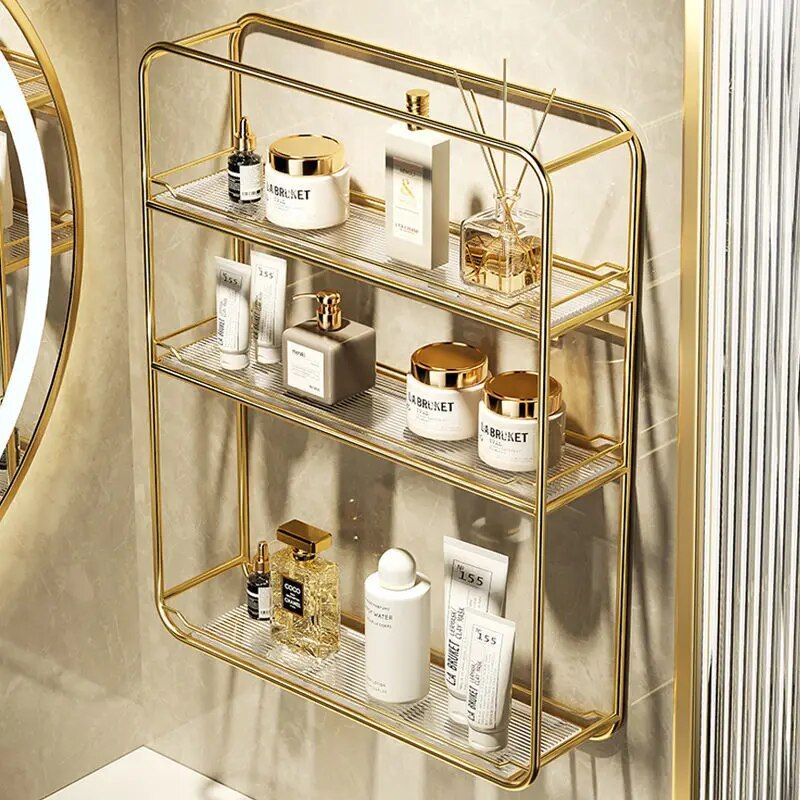 Luxurious Gold Three-Layer Wall Mounted Bathroom Shelf