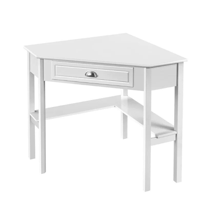 White Corner Writing Desk with Storage Drawer and Shelves