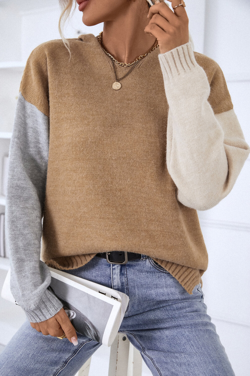 Contrast Side Slit Hooded Sweater (more color options)