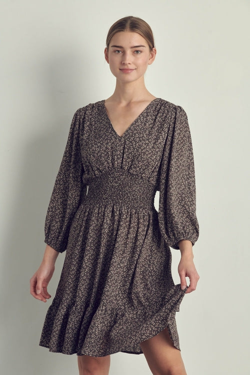 V-neck smocked waisted long sleeve dress