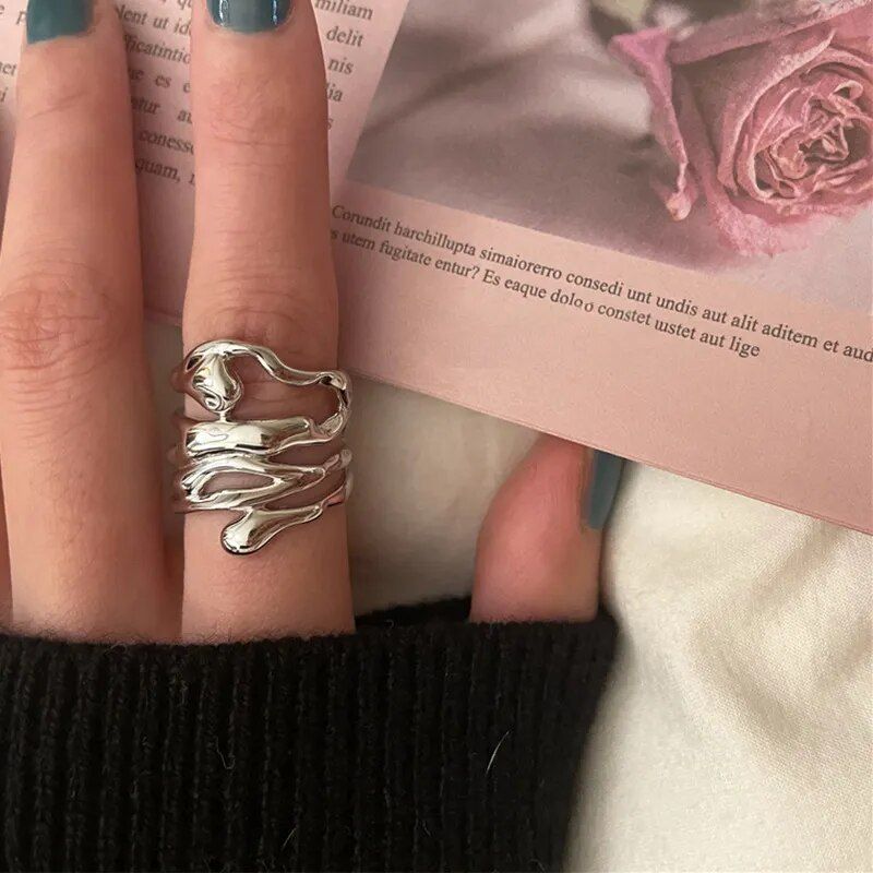 Irregular Hollow Silver Color Wide Ring