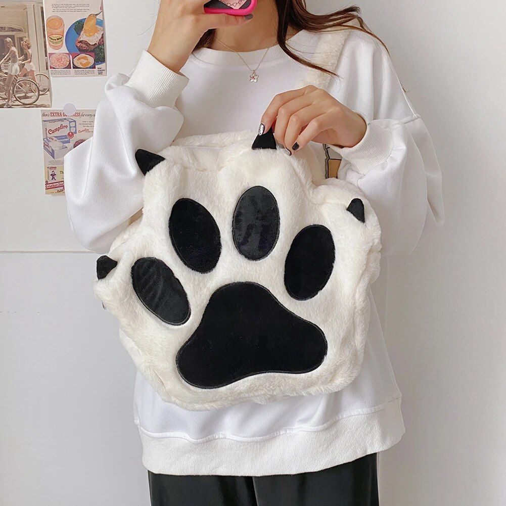 Cute Kawaii Cat Paw Plush Backpack - Soft Fluffy Casual Schoolbag for Girls