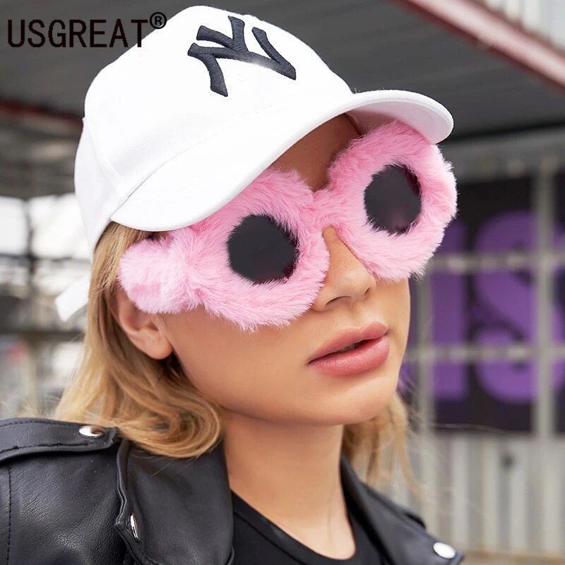 Luxury Plush Round Sunglasses - Women's Fluffy Fur-Trimmed Fashion Eyewear