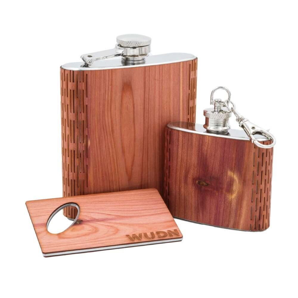 3-Piece Wooden Flask Set (6 oz. Hip Flask, 2 oz. Keychain Flask,