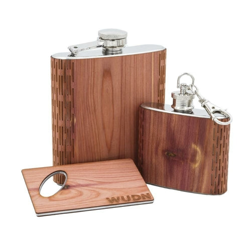 3-Piece Wooden Flask Set (6 oz. Hip Flask, 2 oz. Keychain Flask,