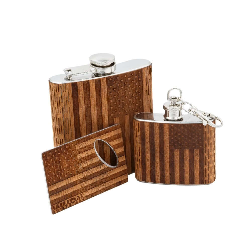 3-Piece Wooden Flask Set (6 oz. Hip Flask, 2 oz. Keychain Flask,