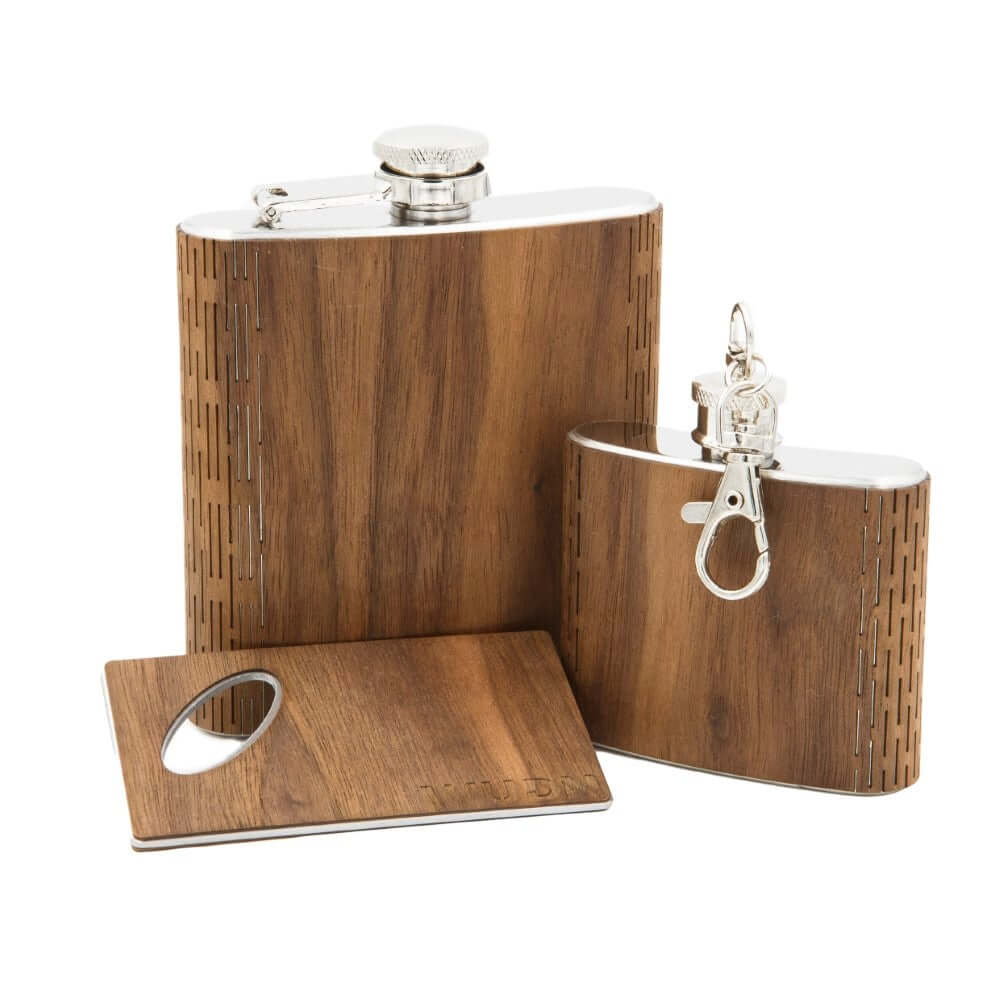 3-Piece Wooden Flask Set (6 oz. Hip Flask, 2 oz. Keychain Flask,