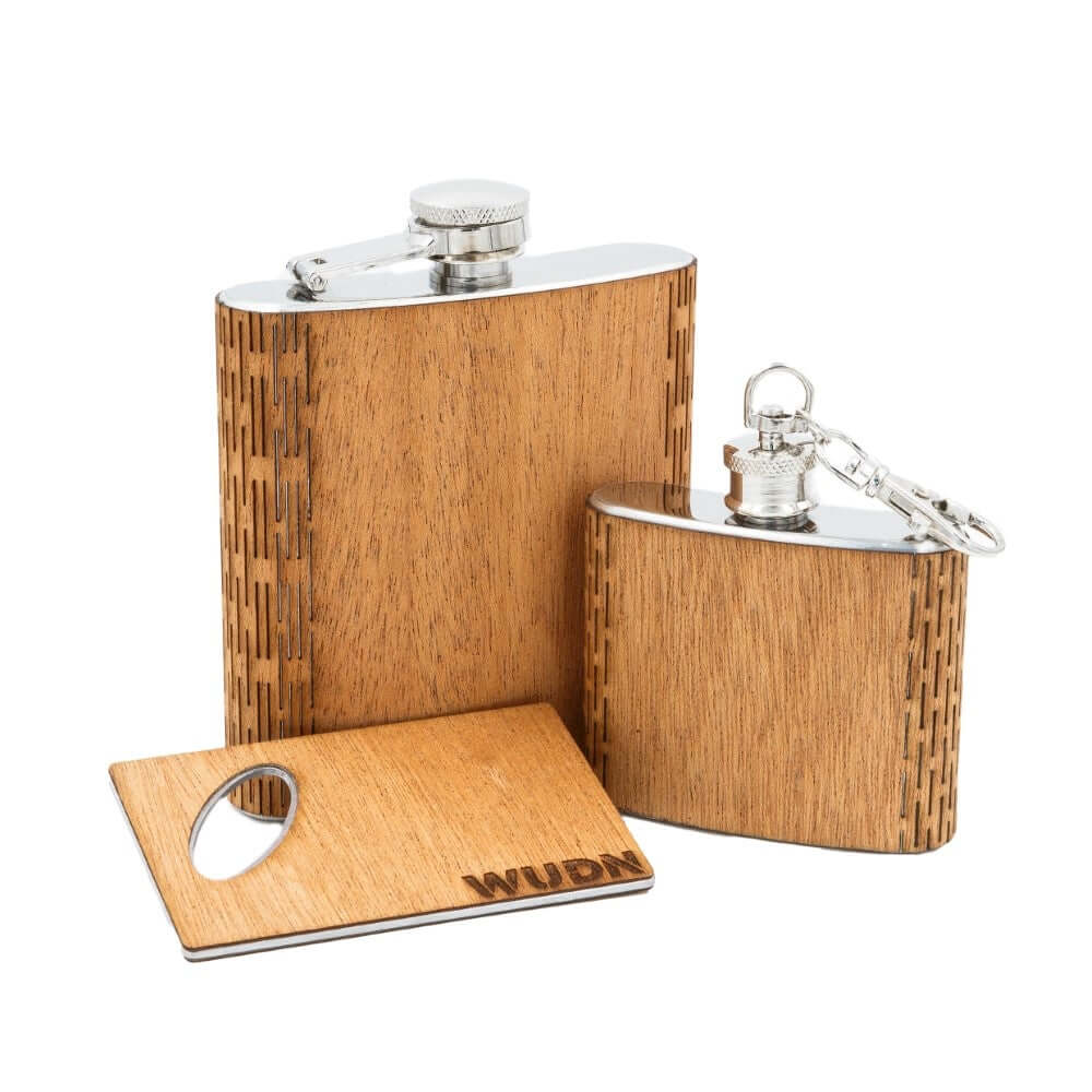 3-Piece Wooden Flask Set (6 oz. Hip Flask, 2 oz. Keychain Flask,