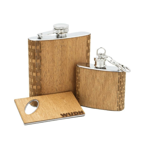 3-Piece Wooden Flask Set (6 oz. Hip Flask, 2 oz. Keychain Flask,