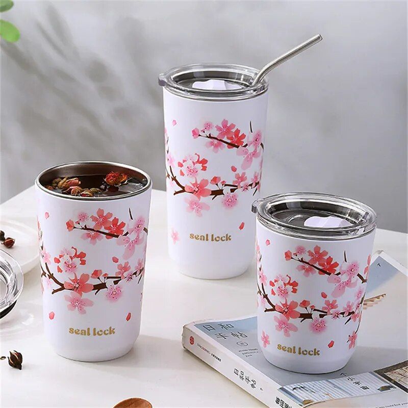 Cherry Blossom Stainless Steel Thermal Mug - Leak-Proof, Double Wall Insulated Coffee & Tea Tumbler