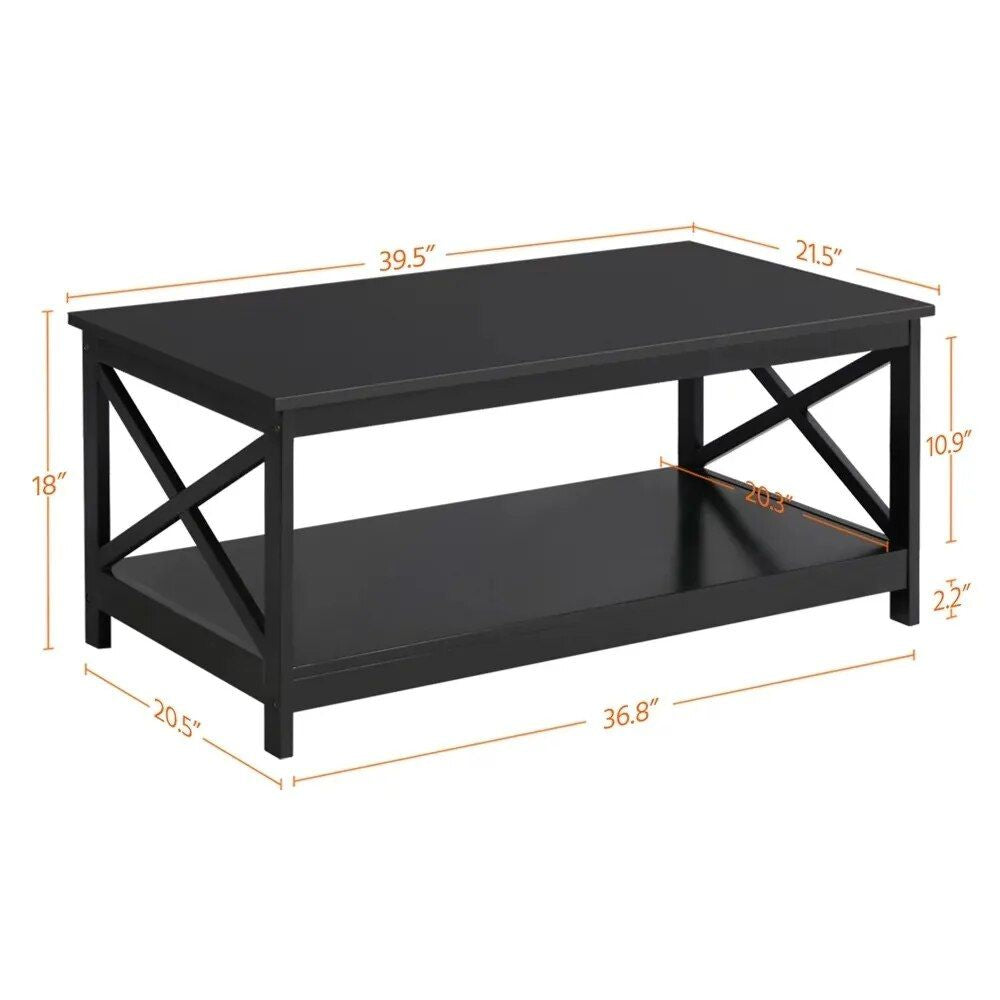 Elegant Black Coffee Table with Storage Shelf for Modern Living Room