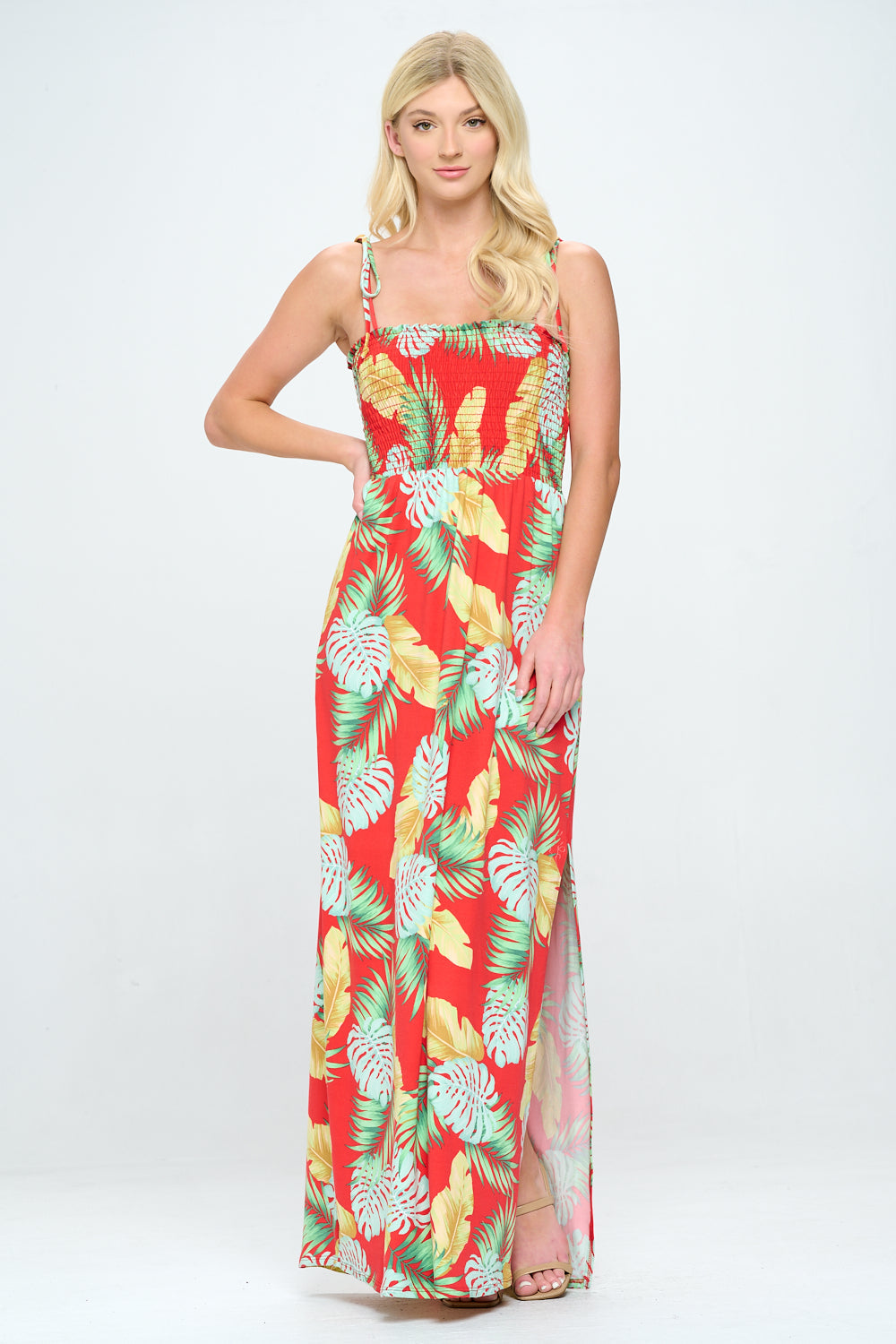 Smocked tropical print maxi dress