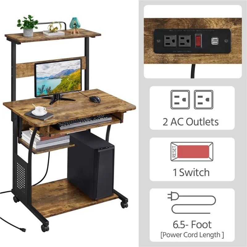 Multi-Functional 3-Tier Computer Desk with Charging Station & Printer Shelf