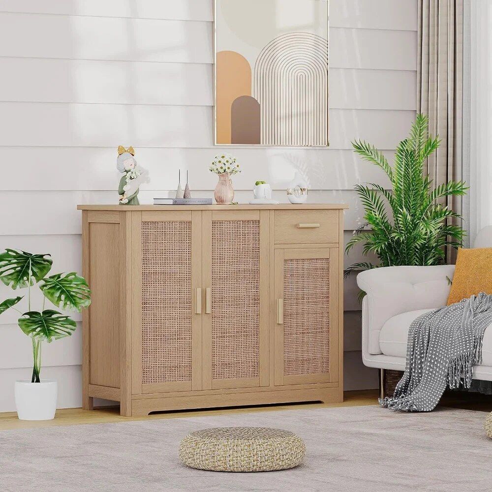 Bohemian Rattan-Decorated Multi-Purpose Storage Cabinet