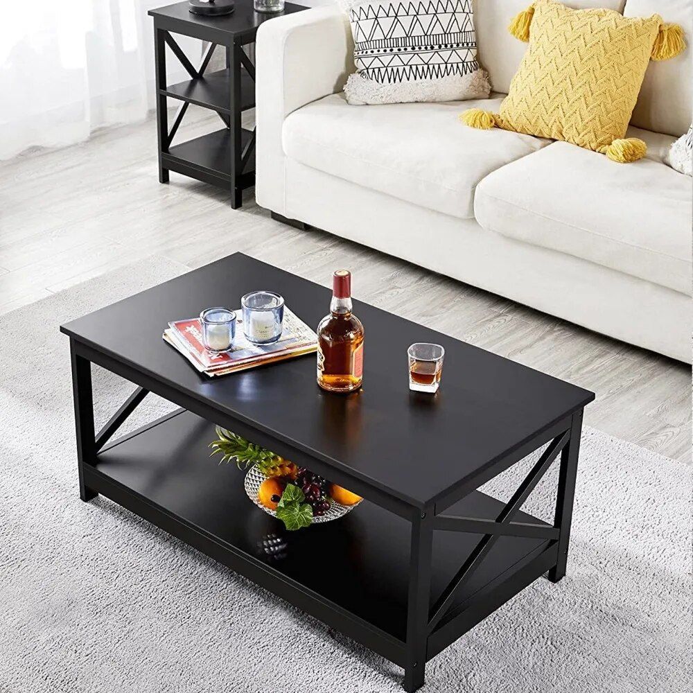 Elegant Black Coffee Table with Storage Shelf for Modern Living Room