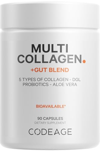 Codeage Multi Collagen + Gut Blend Supplement – Digestive Probiotics, DGL Licorice – Aloe Vera, Organic Peppermint Leaf - Hydrolyzed - Collagen Pills Type 1, 2, 3, 5 & 10 – Non-GMO - 90 Capsules