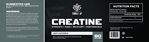 Swole AF | CREATINE Mono | Pre & Post Workout for Muscle Gain Endurance & Recovery | Dietary Supplement to Improve Strength Power Performance & Muscle Growth